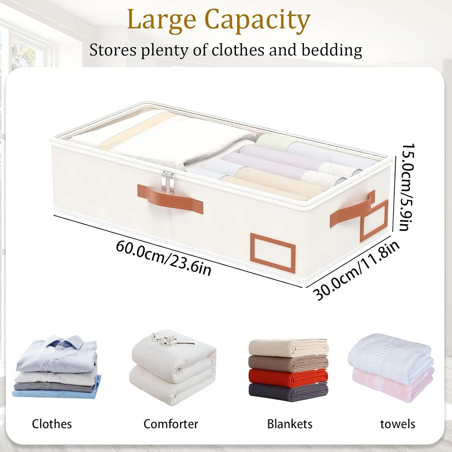 Yawinhe Under Bed Storage, 2 Pack Closet Organizers, Collapsible Container Bags, with Sorting Card Slot and 4 Leather Handles, for Blanket, Bedding, 23.6''Lx11.8''Wx6''H, Beige