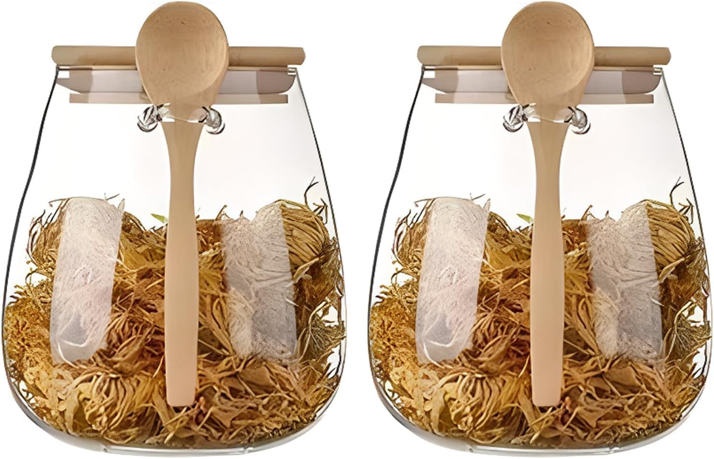Airtight glass jar storage container with bamboo lid Set of 2, wide mouth, leak-proof, With a spoon, can be used for coffee beans, tea leaves, grains, dried fruits, etc (Large*2PCS)