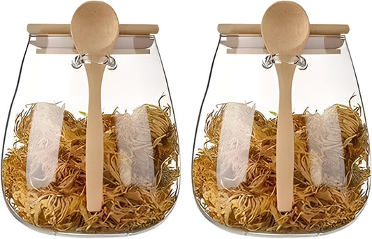 Airtight glass jar storage container with bamboo lid Set of 2, wide mouth, leak-proof, With a spoon, can be used for coffee beans, tea leaves, grains, dried fruits, etc (Large*2PCS)