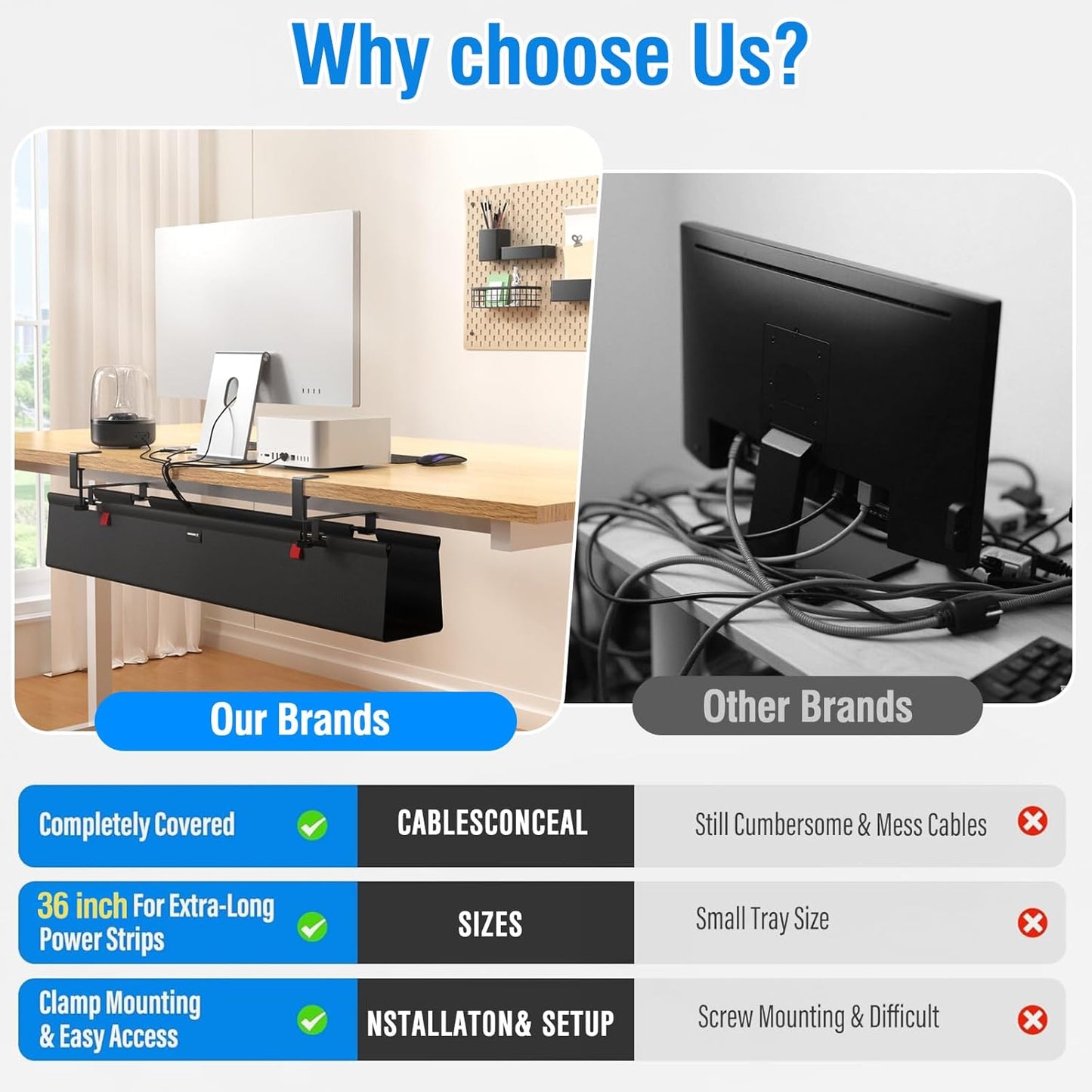 No Drill Under Desk Cable Management Tray, 36" Cord Management Tray with Cable Loop, Upgraded Oxford Fabric Wire Management for Standing Desk - No Damage to Table