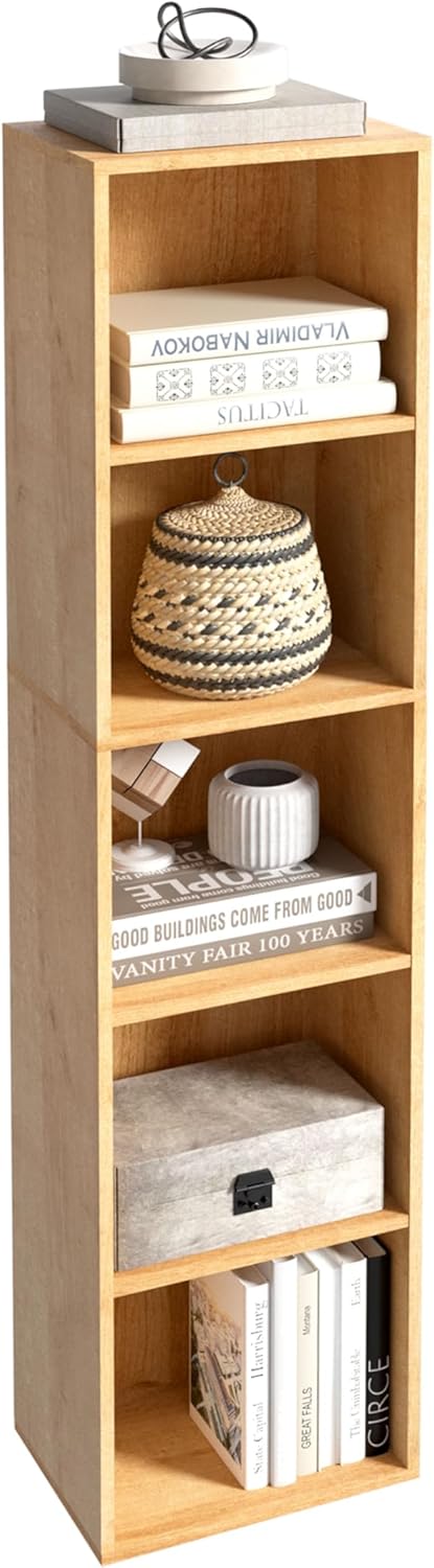 Wooden 5 Cube Storage Organizer, 5 Tier Storage Cubes Storage Display Cubby, 52 Inch Tall Versatile Cubes Shelf and Cubby Organizer for Any Space (Oak, 5 Cube-W(11.8inch)