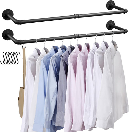Industrial Pipe Clothes Rack Wall Mounted Clothing Rack Set of 2,38.2 Inches Heavy Duty Iron Garment Rail,Space-Saving Hanging Rod for Laundry Room,Bedroom,Closet Storage
