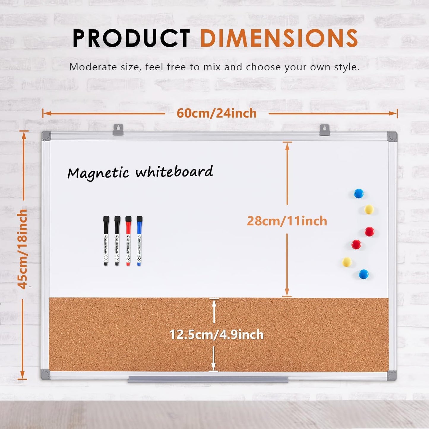 S SWANCROWN Dry Erase Board Cork Board Combo, Magnetic White Board and Bulletin Pin Board Combination,Hanging Wall Mounted Vision Board for Home, School, Office,Silver Frame,24"x18"