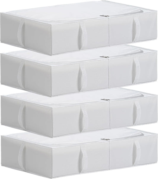 TYEERS Under Bed Storage Containers, Durable Fabric, Washable, Collapsible, Under Bed Storage Bins for Clothes, Blankets, Sheets, Shoes, 27.5x16.5x7 Inches, 4-Pack, White