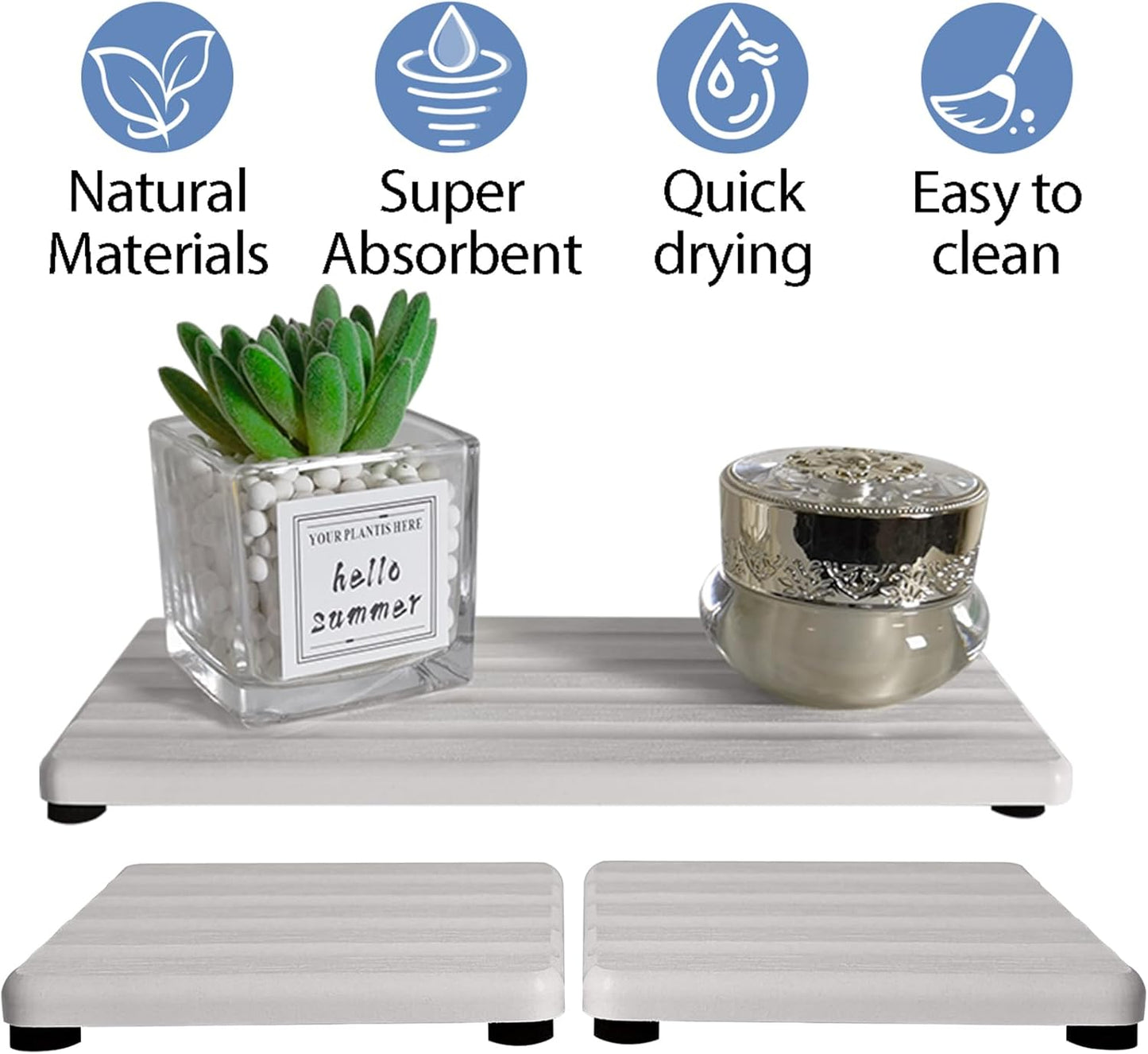 Set of 3 Diatomite Hand Soap Holder, Water Absorbing Stone Tray for Kitchen Countertop, Fast-Drying Bathroom Trays (1pcs 22 x 10cm + 2pcs 10 x 10cm White)