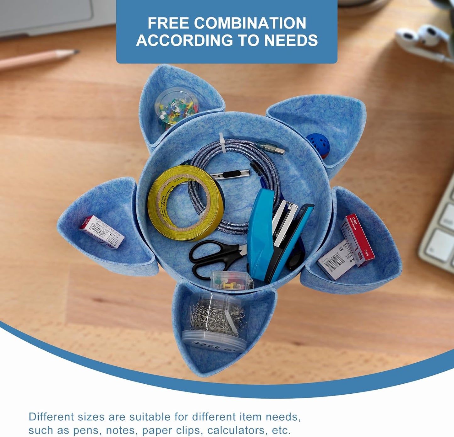 Felt Desk Drawer Organizer Tray,8 Pack Office Desk Drawer Dividers,Felt Drawer Round Storage Box For Saving Space,Makeup Drawer Organizer Bins.(Blue)