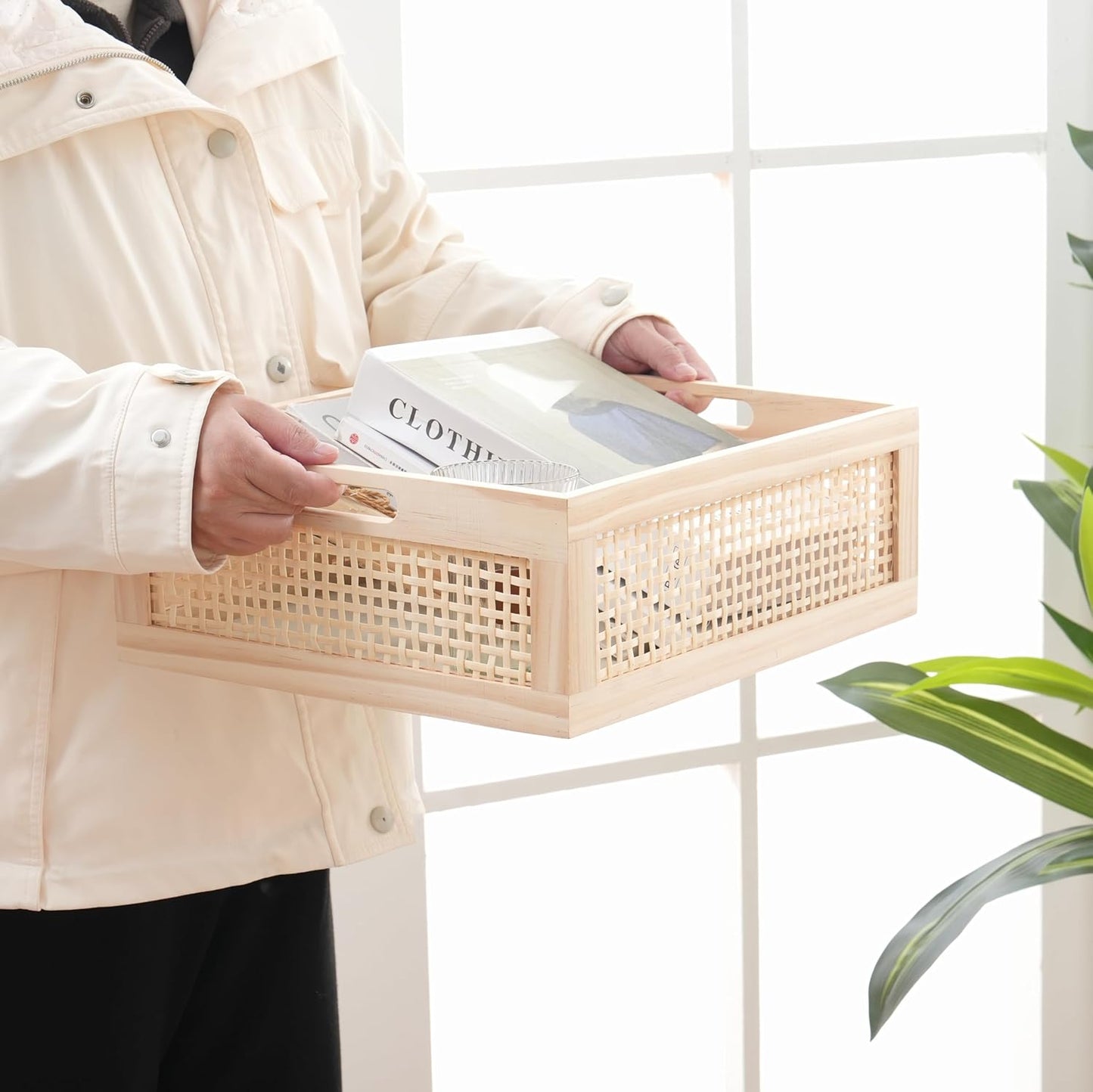 Rectangular Wood Storage Basket, Natural Pine and Bamboo – Fits 13’’ Cabinets, Eco-Friendly Organizer for Home Décor