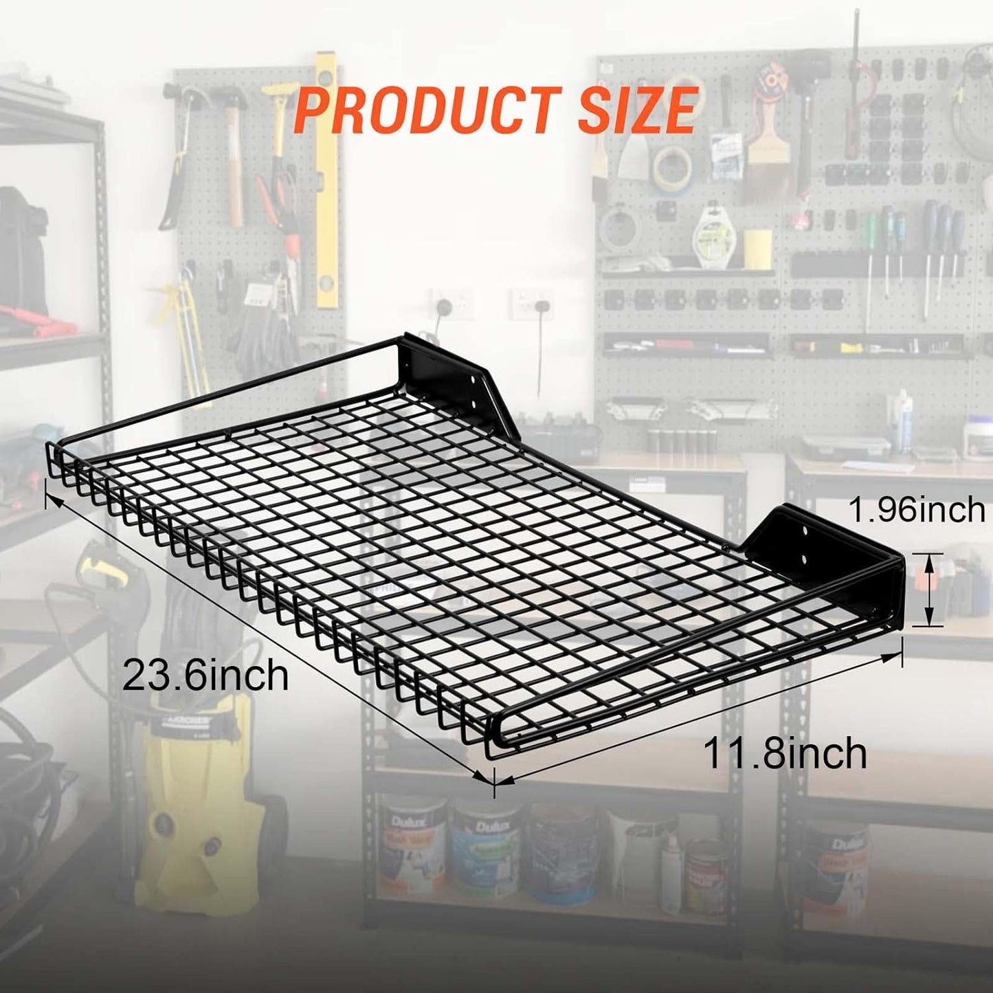 Wallmaster Heavy Duty Garage Wall Shelving 4 Pack 23.6"x11.8" Metal Wire Shelves Wall Mount Mesh Storage Rack for Garage, Office, Basement and Kithcen, max Load 65 lbs (Black)