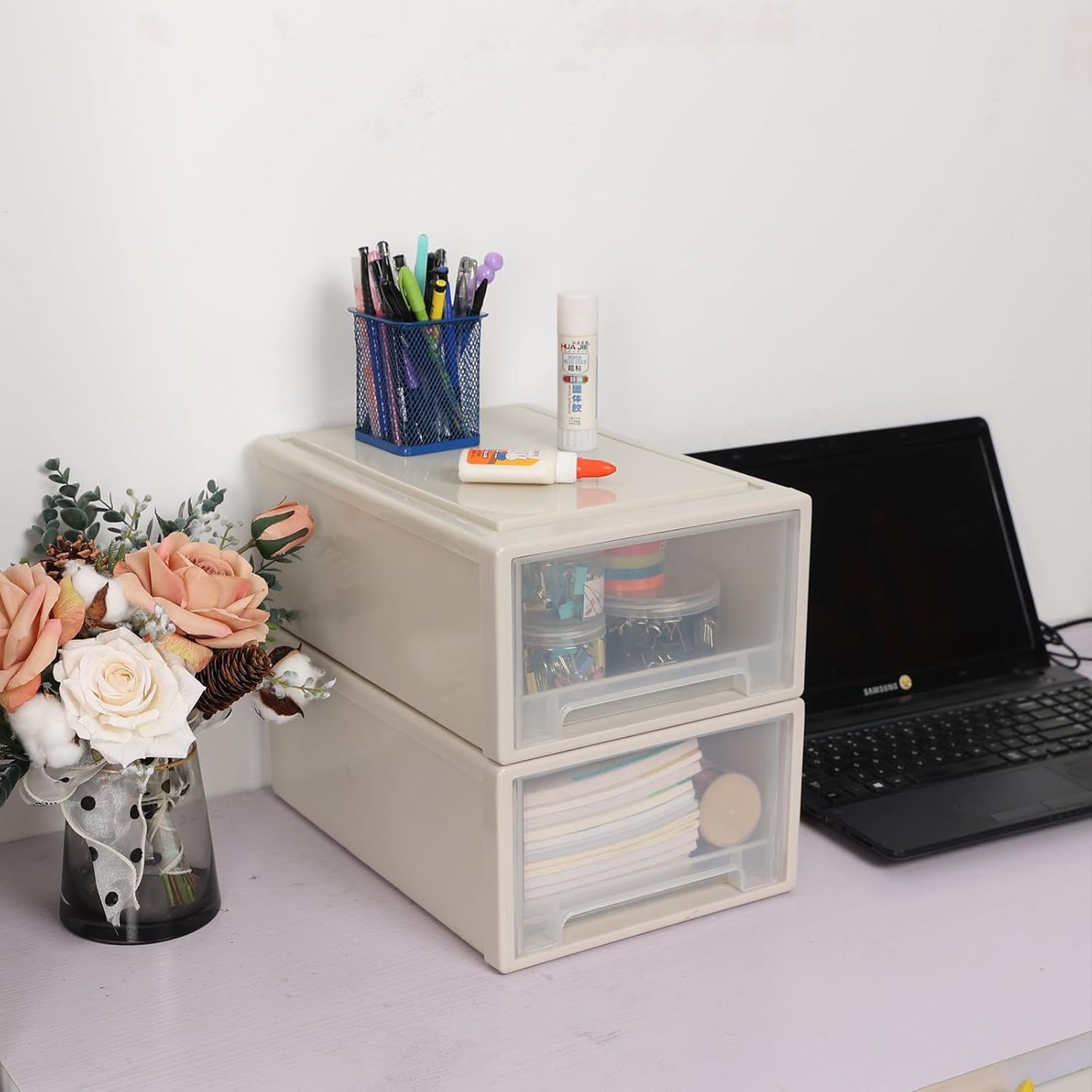 12 Quart Stacking Desktop Drawer Boxes, Plastic Storage Drawer Unit, 4 Pack