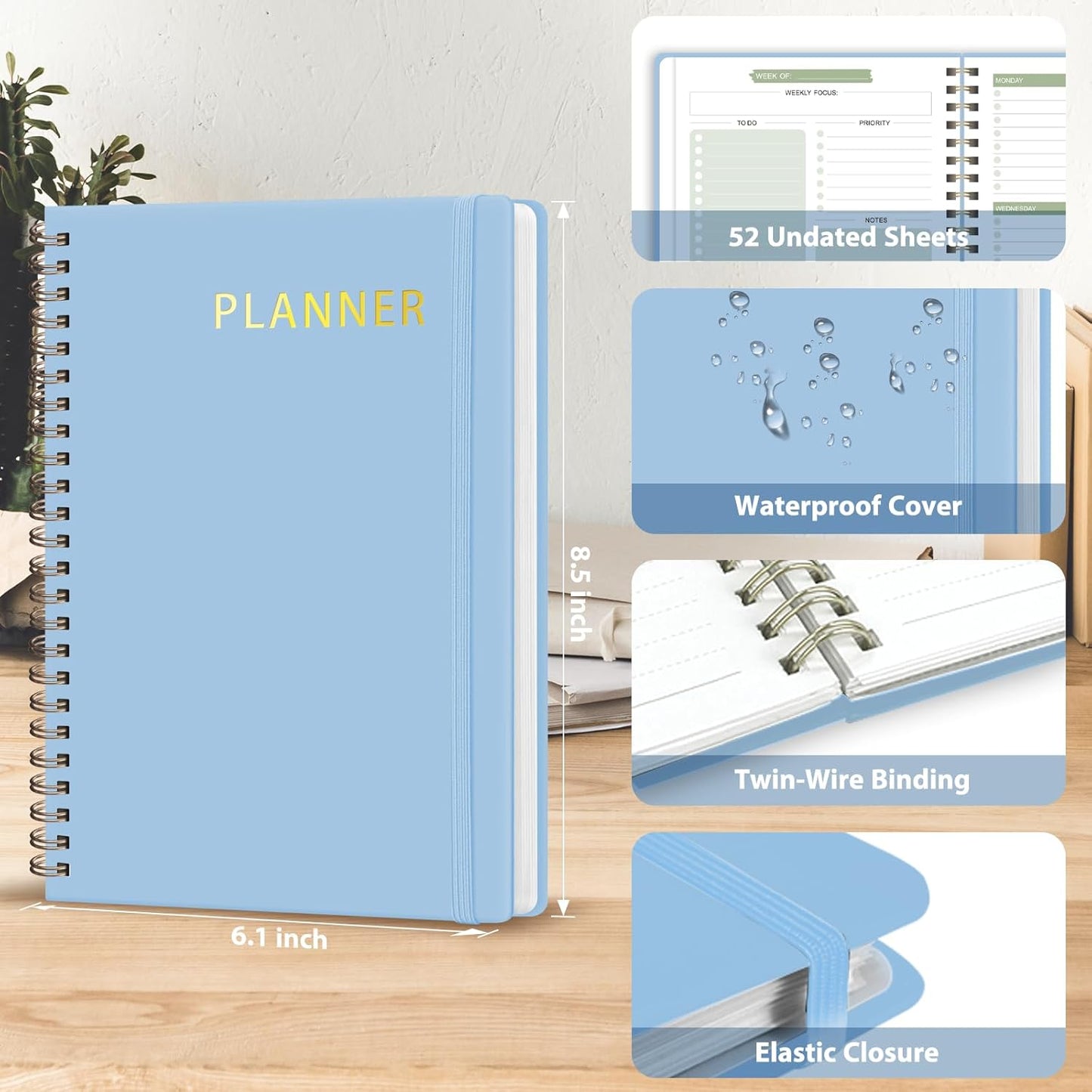 Undated Weekly Planner, Weekly To Do List Notebook with Goal, Organizer & Habit Tracker, A5 Daily Planner with Spiral Binding, Ideal for Office School Suppies - Blue