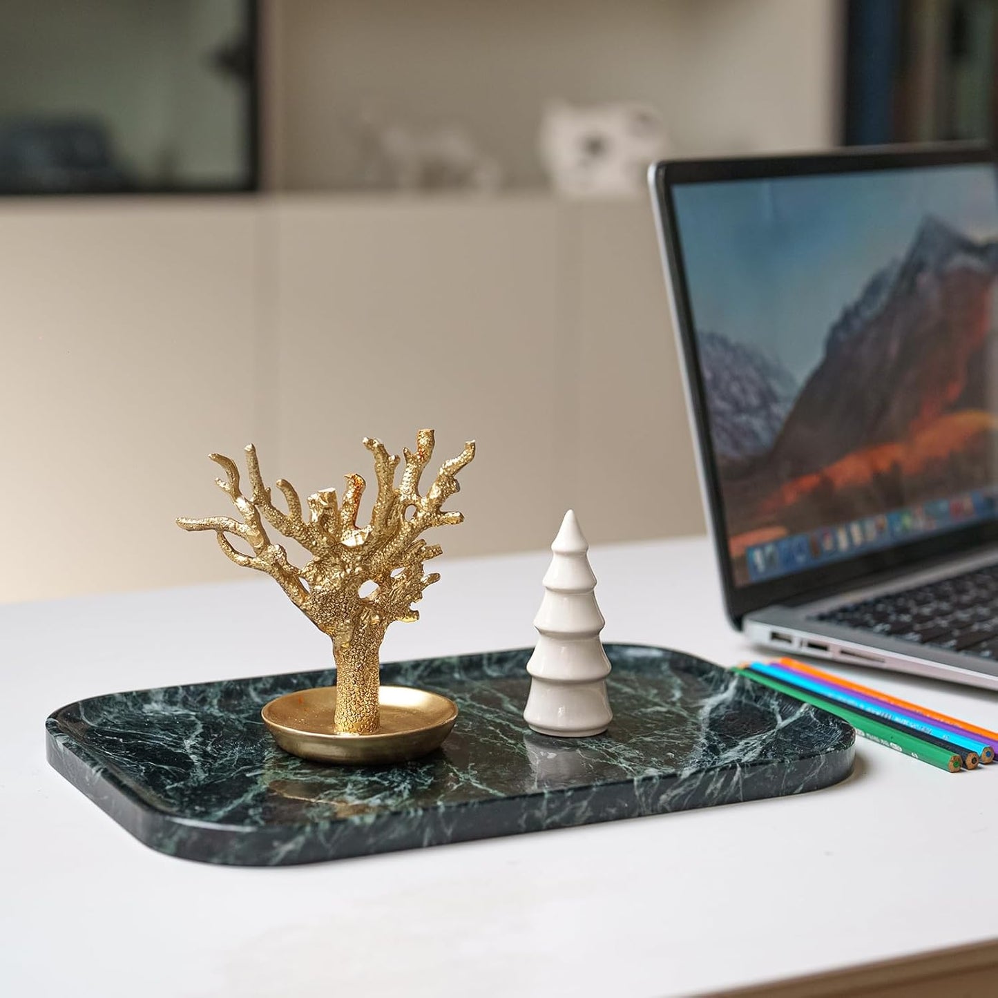 Natural Green Marble Tray 11.8"x7.8"x0.6" | Bathroom Vanity Organizer & Kitchen Countertop Decor | Waterproof Stone Tray for Jewelry, Perfume, Cosmetics Storage (Dark Green)