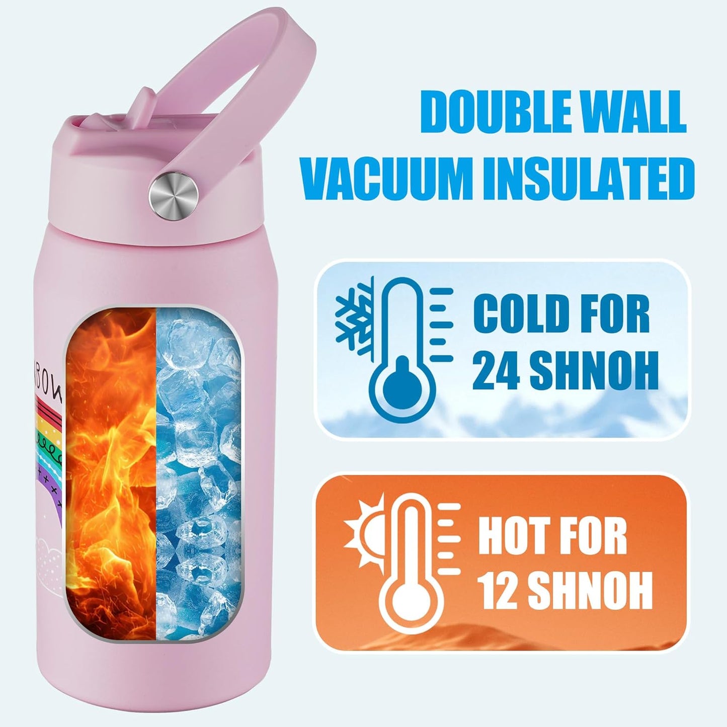 OLDLEY kids Water Bottle - 18oz Insulated Stainless Steel - Wide Straw Lid, Non Spill, Leakproof, Kids Water Bottle for School,Rainbow