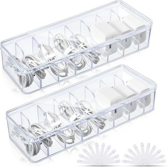Tatuo 2 Pcs Cable Organizer Box with Wire Ties, Plastic Cord Storage Box with Lid, Electronics Organizer for Home Office Desk Organizers and Accessories (Clear)