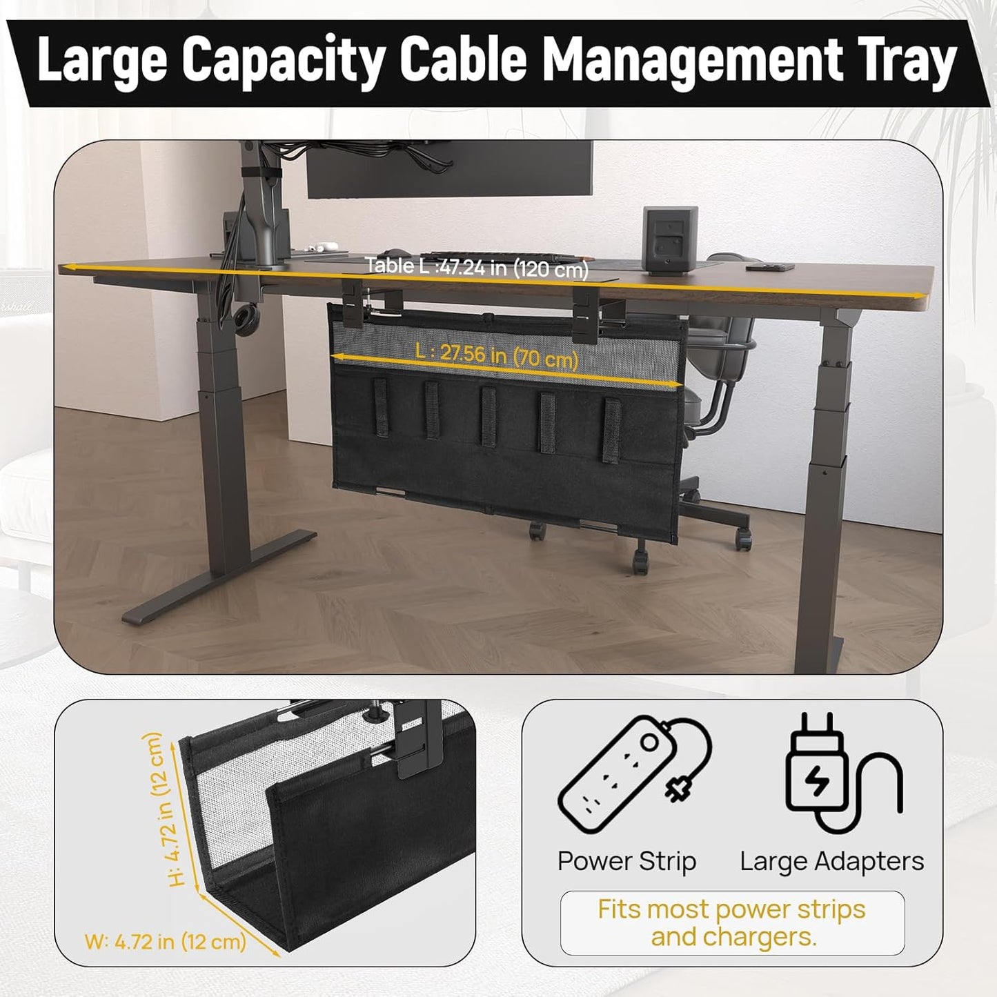No Drill Under Desk Cable Management Tray, 27.56in Cord Management with Ventilated Mesh, Clamp/Screw Mount Cord Organizer, Fabric Standing Desk Cable Management for Office, Home