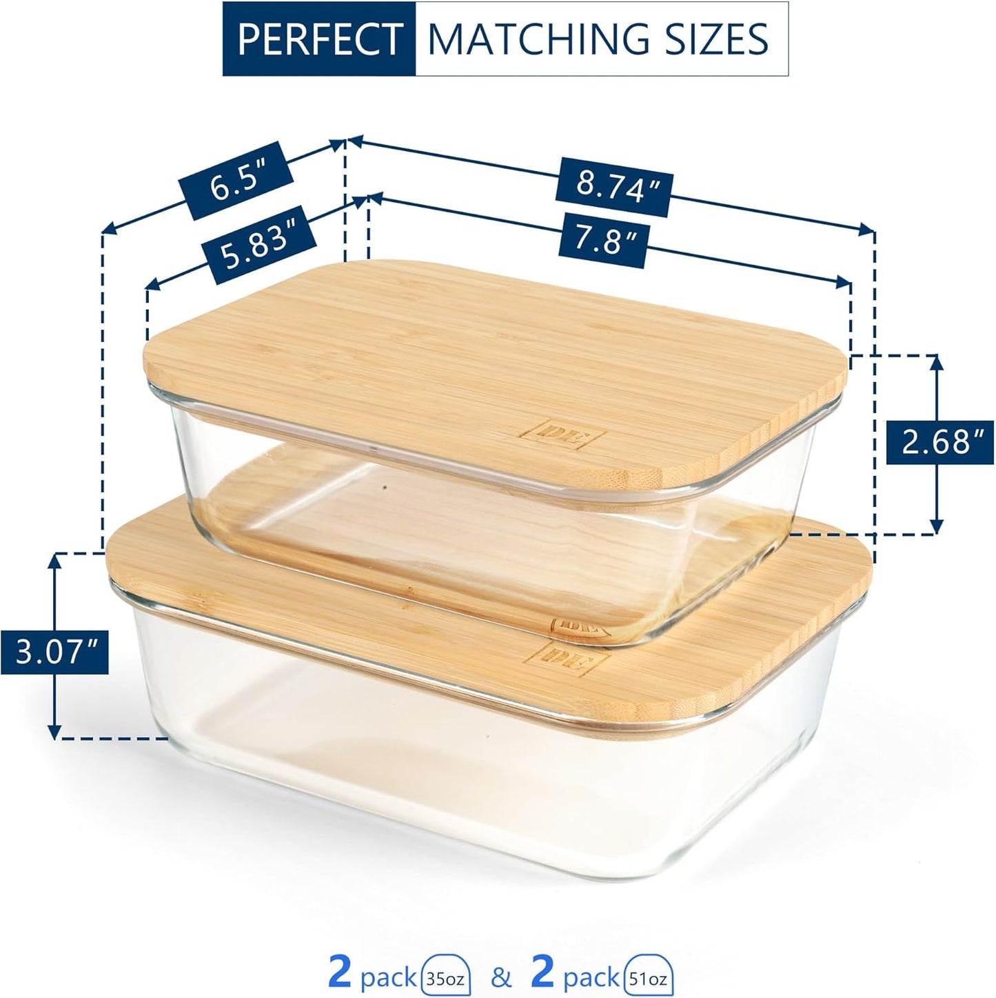 DE Glass Food Storage Containers with Bamboo Lids, (4, Pack 2 x 35oz & 2 x 51oz) Pack Meal Prep Glass Containers Safe for Microwave, Oven, Freezer and Dishwasher, BPA Free