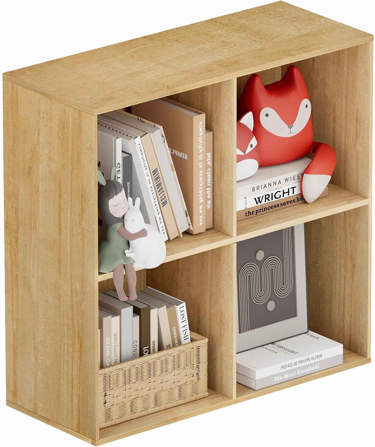 Book Shelf, Wooden Cube Storage Organizer with 11" Open Cubes, Stackable Modular Bookcase for Room Divider Storage, Bookshelf for Living Room, Bedroom, Office (Oak, 4-Cube)
