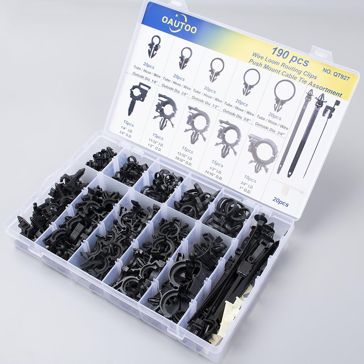 OAUTOO 190pcs Wire Loom Routing Clips Push Mount Cable Tie Assortment