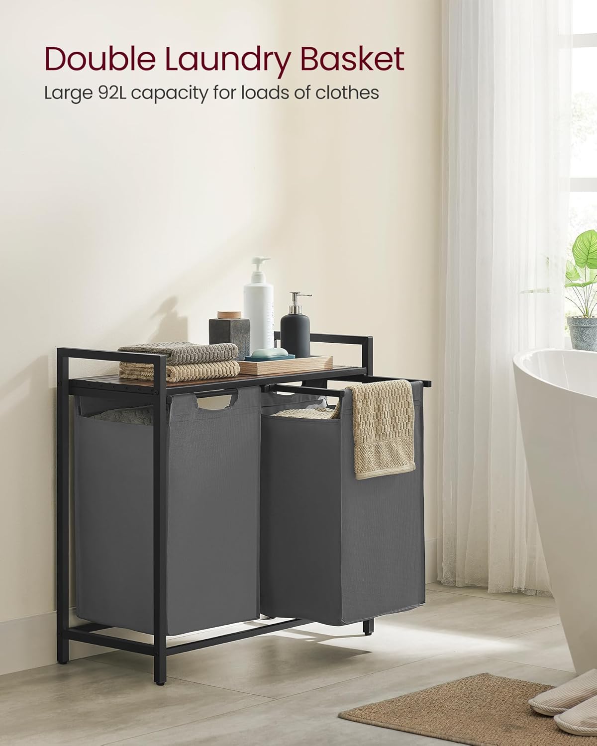 VASAGLE Laundry Hamper, Laundry Basket, Laundry Sorter with 2 Pull-Out and Removable Bags, Shelf, Metal Frame, 2 x 12.1 Gallons (46 L), 28.8 x 13 x 28.4 Inches, Slate Gray and Rustic Brown UBLH201G01