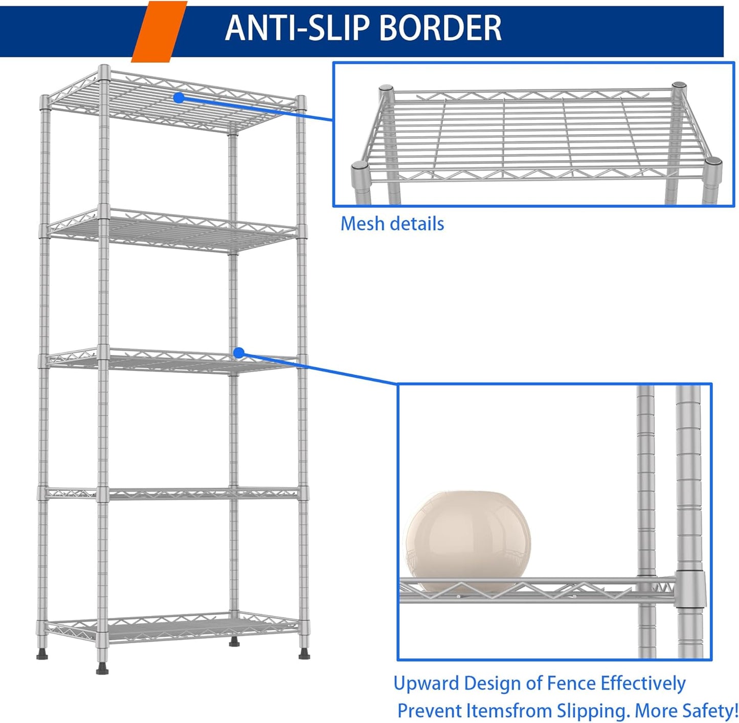 REGILLER 5-Wire Shelving Metal Storage Rack Adjustable Shelves,Standing Storage Shelf Units for Laundry Bathroom Kitchen Pantry Closet(Silver,11.8" D x 21.2" W x 53.5" H)