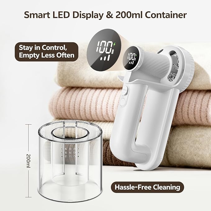 Rechargeable Fabric Shaver, 2-in-1 Lint Remover for Clothing, Furniture, Sweater with 6-Blade, 200ml Container, LED Display, 2000mAh USB-C, 3-Speed Lint Shaver Eliminates Fuzz & Pilling