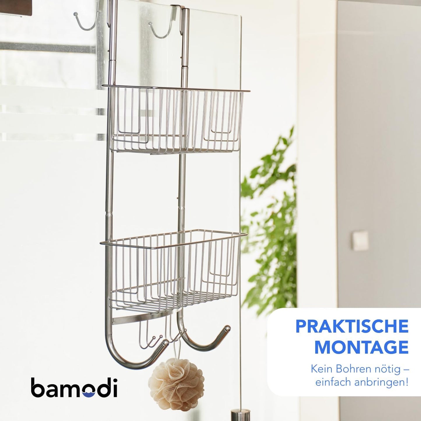 Bamodi Shower Caddy Hanging Stainless Steel | Rustproof Hanging Basket with Hooks-Shower Shelf Bathroom Accessory with Silicone Sleeves and Rubber Rings for Noise Cancelling (15.7x 9.8x 5 Inches)