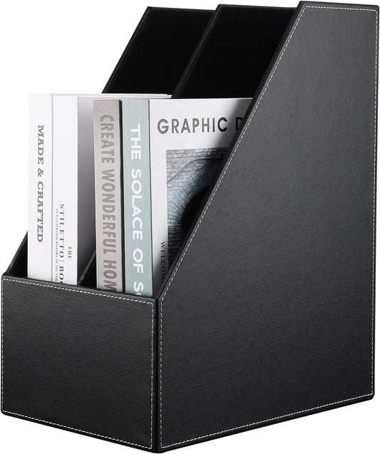 KINGFOM Wooden Leatherette Desktop File Folder Organizer and Document File Stand Journals Magazine Rack 2 Slots (black)