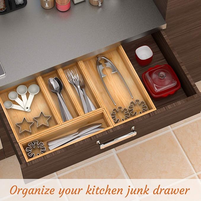 Utensil Organizer Silverware Drawer Organizer - Stackable Bamboo Flatware Caddy Cutlery Holder, Wooden Storage Boxes Tray for Bedroom,Office, Bathroom, Vanity & Garage Tool Organization(12"3"2.5")