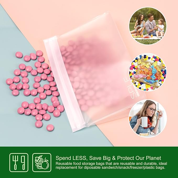 SPLF 6 Pack Dishwasher Safe Reusable Sandwich Bags, Quart freezer bags, Reusable Food Storage Bags, BPA FREE Stand Up Extra Thick Leakproof Silicone Free Zipper Snack Lunch Freezer Bags