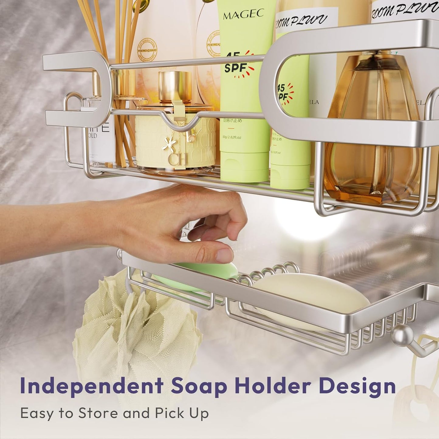 SWTYMIKI Over The Door Shower Caddy - Stainless Steel Hanging Shower Organizer With Soap Holder & 16 Hooks No Drilling Hanging Caddy Over Door To Organize Bathroom Essentials, Sand Nickel