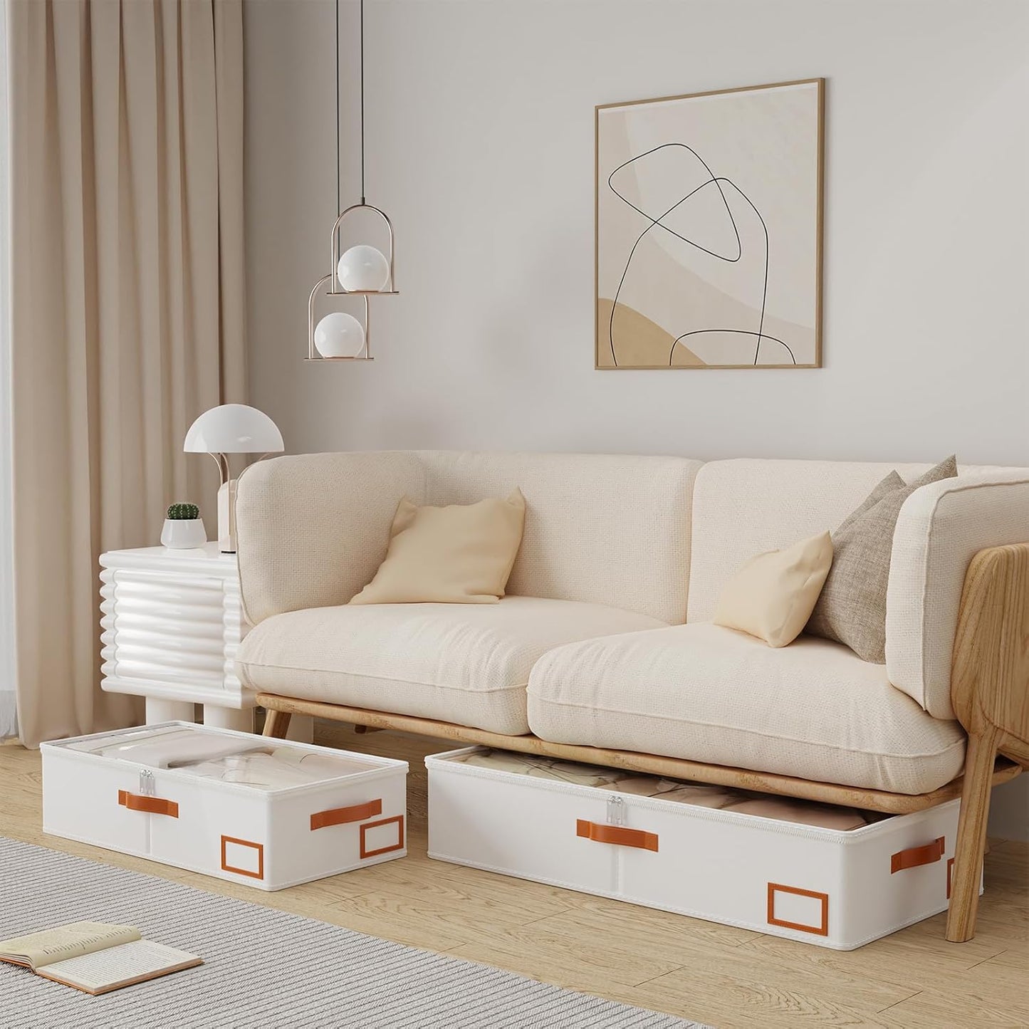 Yawinhe Under Bed Storage Containers, 2 Pack, Bin with Lids, Collapsible Closet Organizers, with Sorting Card Slot and 4 Leather Handles, for Blanket, Bedding, 31.5''Lx15.7''Wx6''H, Beige