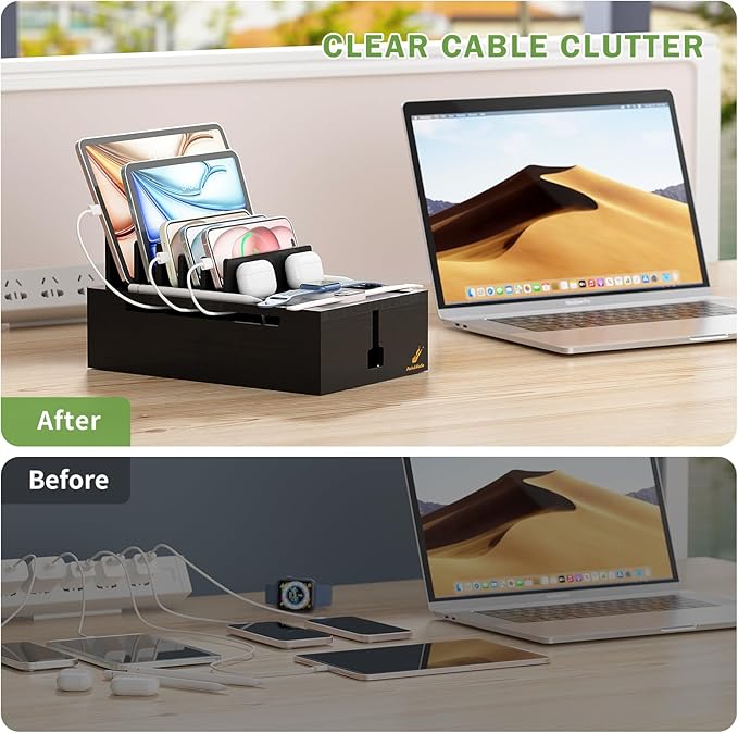 Pezin & Hulin Bamboo Charging Station, Electronic Devices Organizer for Multiple Devices Charger Such As Cell Phone, Tablet, Watch and More, Blackl, (No USB Charger and Cables