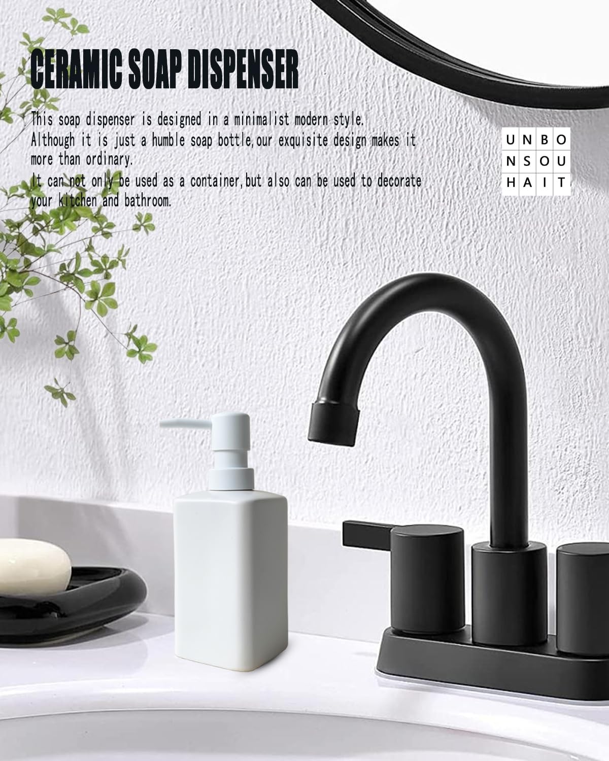 Soap Dispenser for Bathroom & Kitchen, Ceramic with Plastic Pump, Simple Style (White Rectangular)