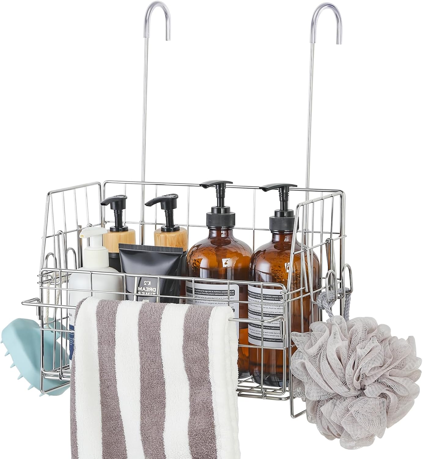 Hanging Shower Organizer, Shower Caddy Hanging, Bathroom Storage Rack with Hooks Over the Door, Stainless Steel Rustproof Bathroom Basket Shelf for Bath Faucet or Cross Bar