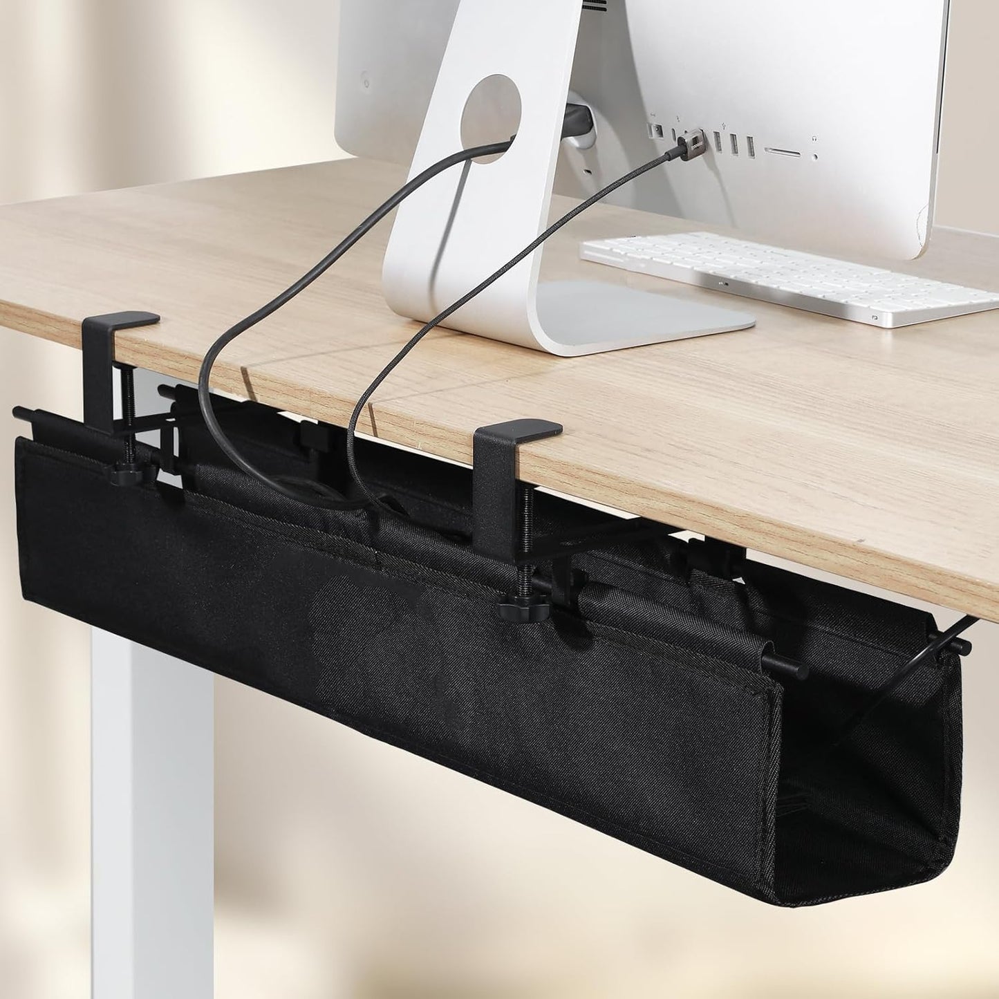 MAXECHO Under Desk Cable Management Tray 28" - Clamp on Wire and Cable Organizer for Storage and to Hide Cords - Ideal for Home Office - Premium Black Fabric Design