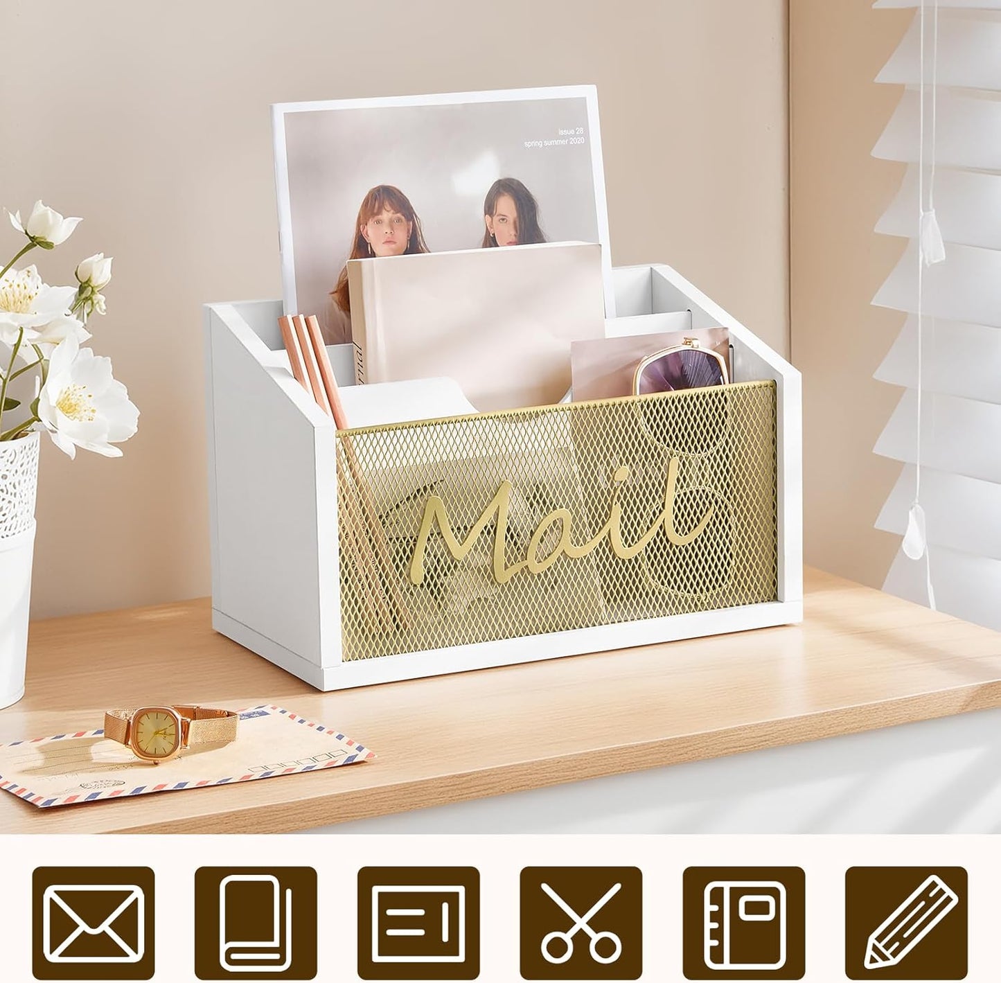 Mail Organizer Countertop, Mail Holder with 3 Slots, Mail Sorter for Desk, Wooden Office Desk Organizer, Mail Organizer for Magazines, Files, Papers, Folders, White and Gold MR03DW