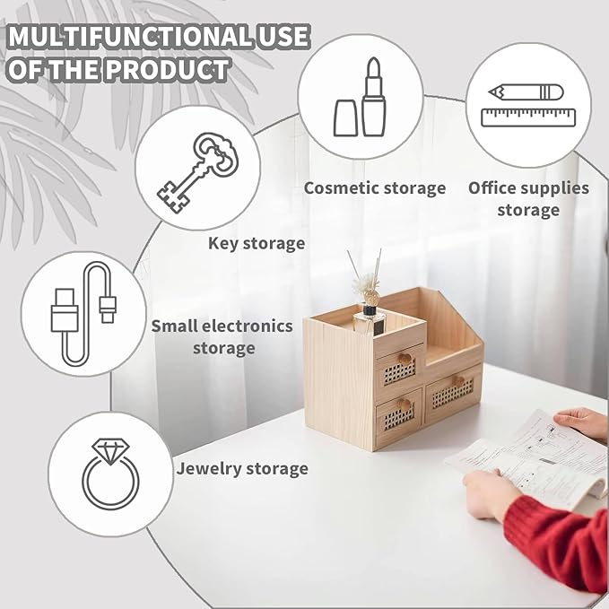 GYASVWU Bamboo Desk Organizer-No Assembly Required,Mini Bamboo Desk Drawer Organizer,Tabletop Storage Box for Office/kitchen counter/Bedroom, No Assembly Required (3 Drawer with Shelf)