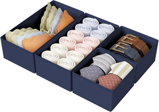 DIMJ Drawer Organizers Clothes, Set of 4 Dresser Organizer Bins, Fabric Closet Organizers and Storage, Shallow Drawer Dividers for Nursery, Clothing, Baby Clothes, Socks, Underwears, Tie (Navy Blue)