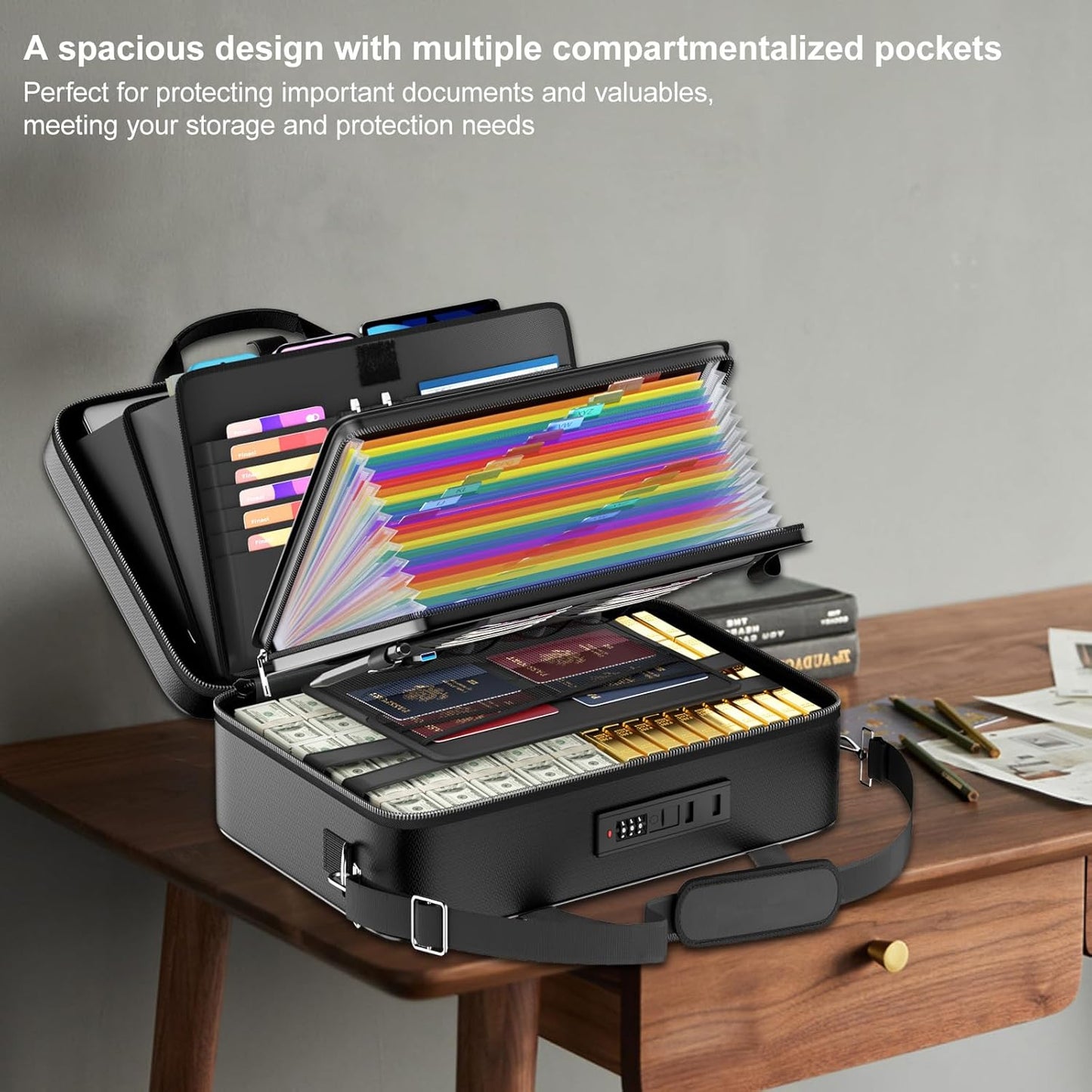 Tamfile Fireproof Document Box with Lock, Hard Case Fireproof Water Resistant File Organizer with 24 Colorful Pockets,Fire Safe Box for Important Documents、Valuables、Laptop、Passports (Black)