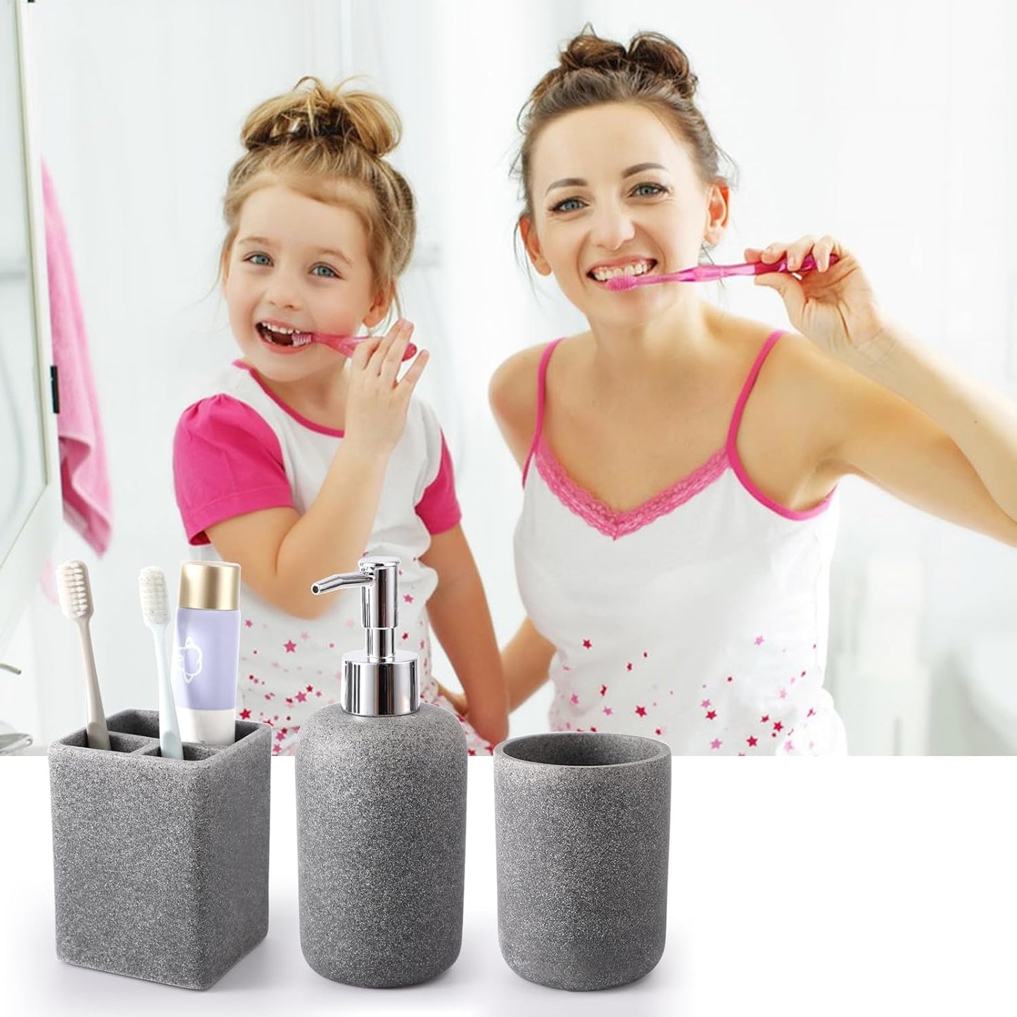 Resin 6 Pcs Gray Bathroom Set Complete with Toothbrush Holder, Lotion Soap Dispenser, 2 Qtip Holder Dispensers,Vanity Tray,Bathroom Tumbler - Countertop Vanity Organizer - Bathroom Accessories Set