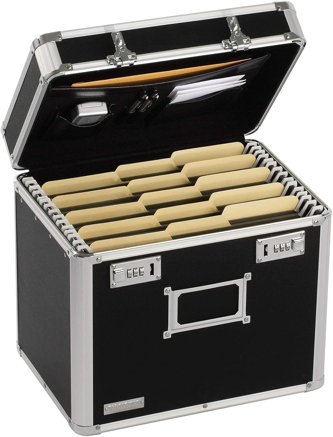 Vaultz Locking File Organizer Box - 13.5 x 13.25 x 10.5 Inch Large, Portable Locking Storage Box for Filing Letters & Documents w/Combination Lock, Black