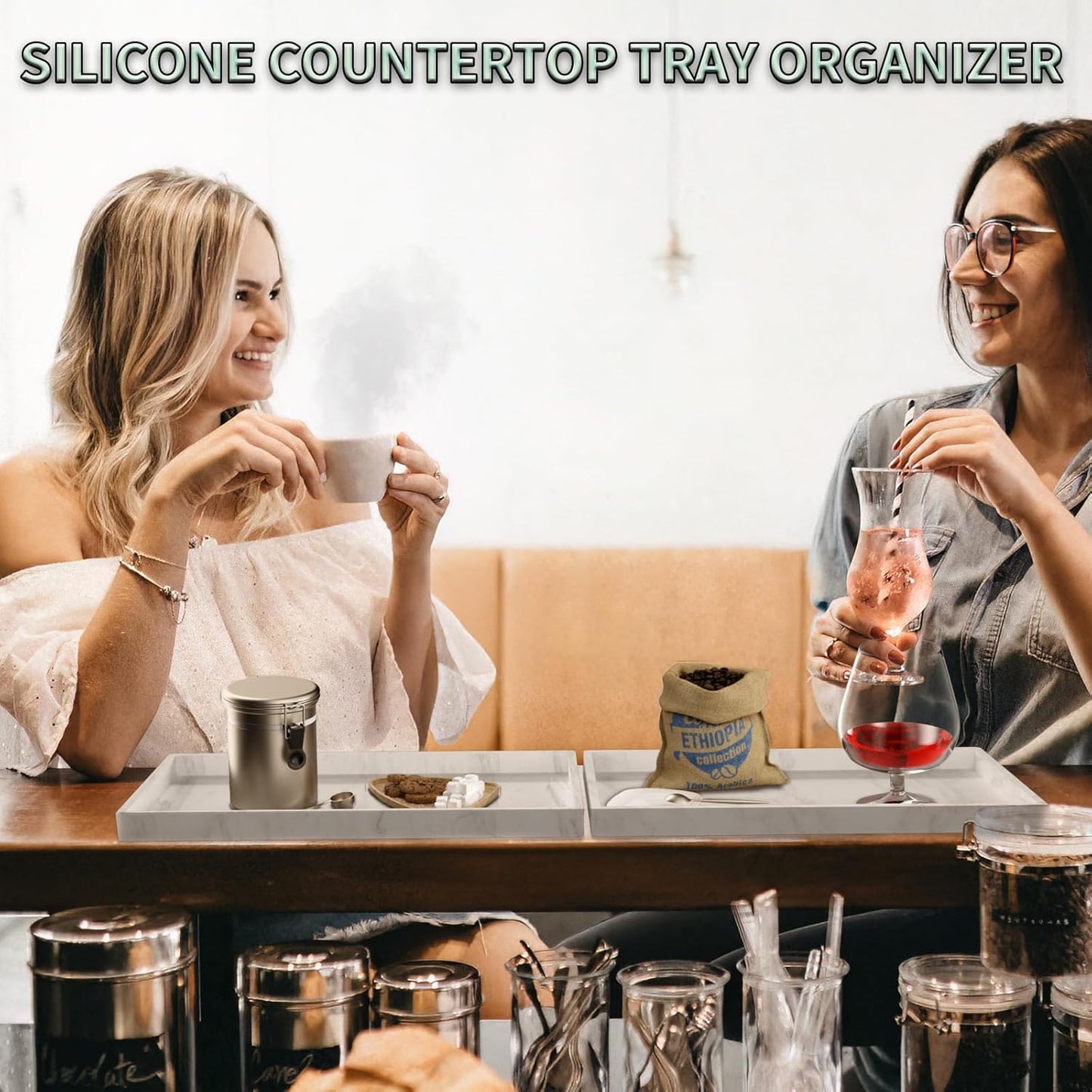 BBK Bathroom Vanity Tray 11.8 in- 2 Pack(Large) Silicone Bathroom Tray for Counter, Perfume Key Trinket Ring Tray, Decor Soap Dispenser Countertop Tray for Kitchen Sink Organization(Faux Marble Look)