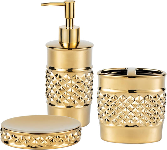 3-Piece Gold Ceramic Bathroom Accessories Set - Luxurious Soap Dispenser, Toothbrush Holder & Soap Dish with Modern Geo Embossed Design for Bathroom Accessory Set