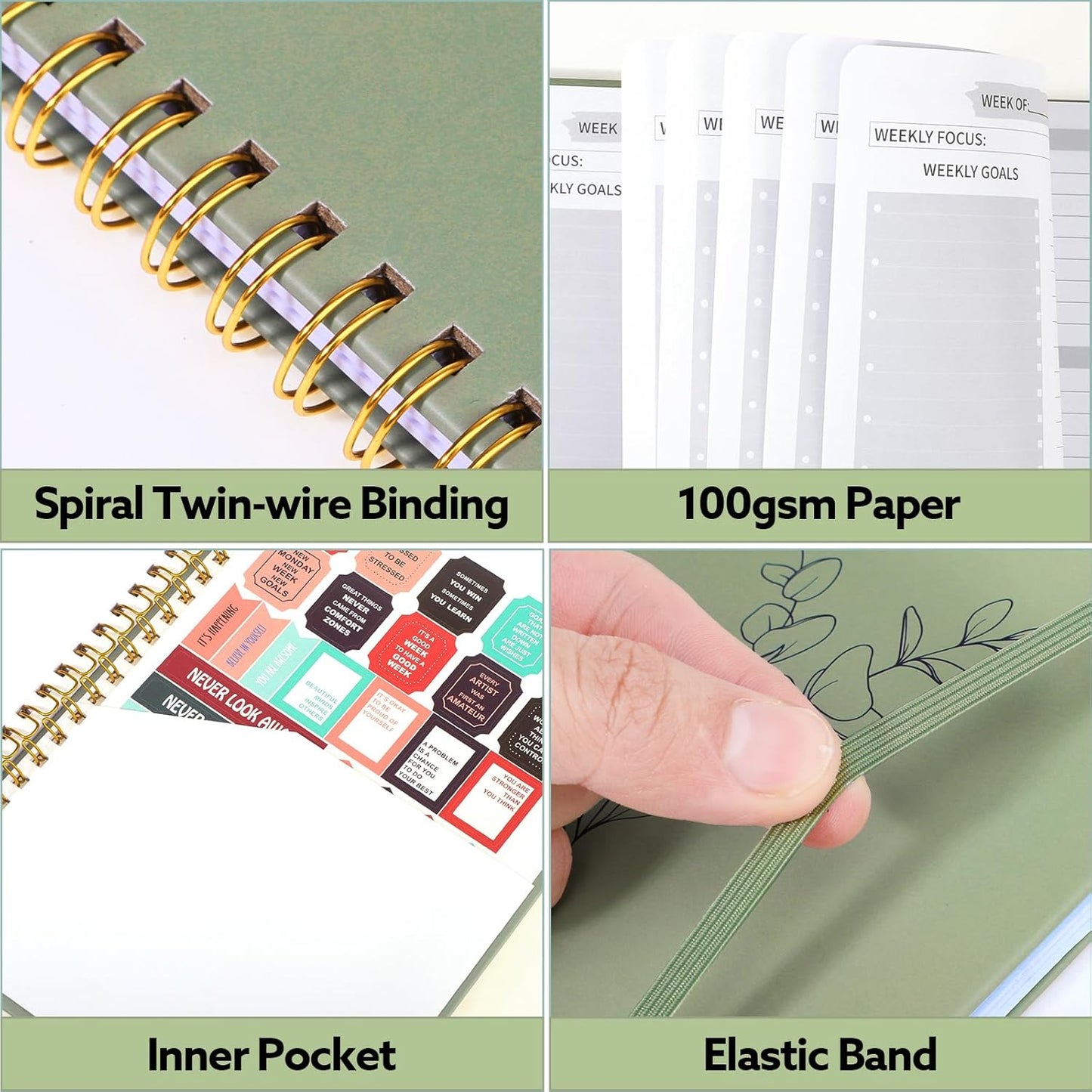 Undated Weekly Planner, A5 Weekly To Do List Notebook with Habit Tracker Spiral Binding Weekly Planner Notebook with Stickers Home Work School Supplies, Sage Green