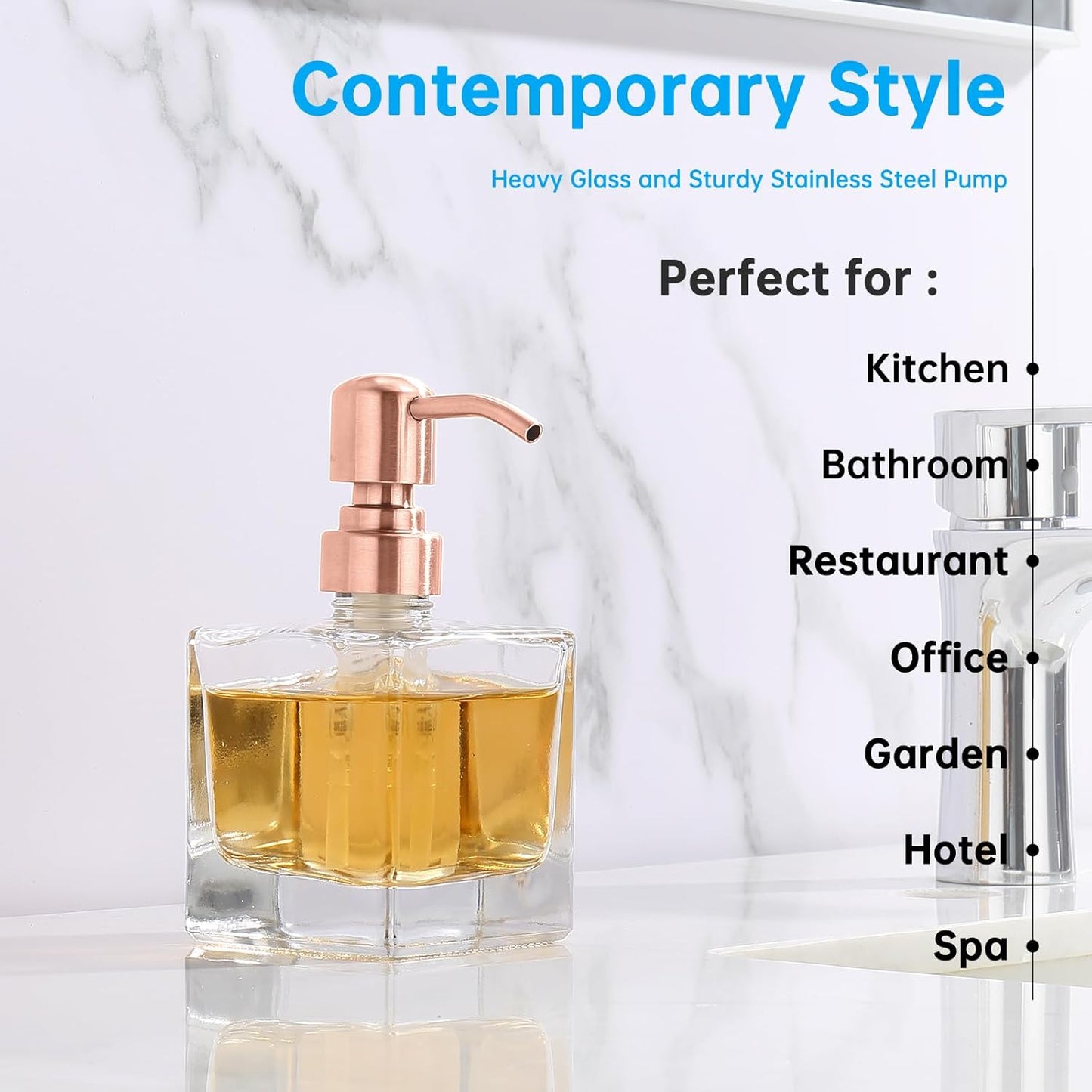 Ximlike Square Bathroom Soap Dispenser Rose Gold, 8.4 oz Glass Bottles with Stainless Steel Pump Red Copper Retangle Cube Liquid Soap Dispenser Hand Kitchen