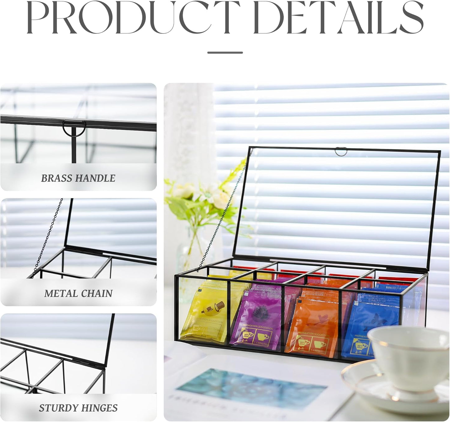 Glass Tea Bag Organizer with 8 Compartments, Handmade Large Tea Bag Storage Box for Counter Kitchen, Tea Bag Holder,Tea Storage Containers with Lid,Tea Accessories Gifts for Tea Drinkers,Black