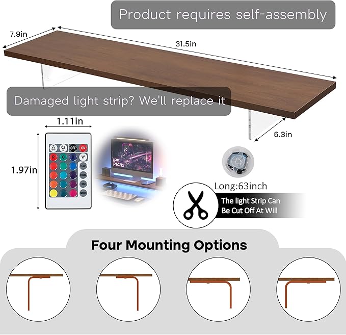 Monitor Stand Riser,Wood & Acrylic Computer Monitor Stand with LED Strip Light,Desk Accessories Desktop Organizer Stand for Computer,Laptop,Printer,PC & TV Screen