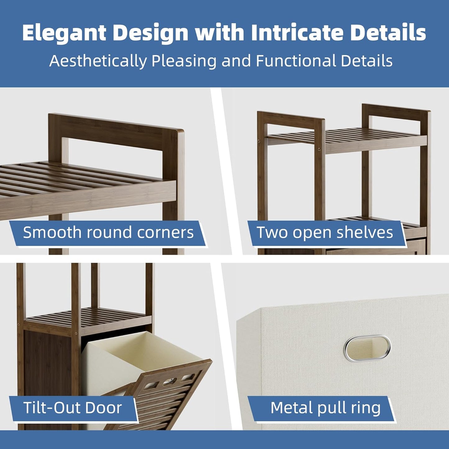 HITNET Bamboo Tilt Out Laundry Hamper, Bathroom Storage Cabinet with Hidden Removable Basket and 2 Open Shelves, Space Saving Bamboo Storage for Clothes, Towels and Toys, Walnut