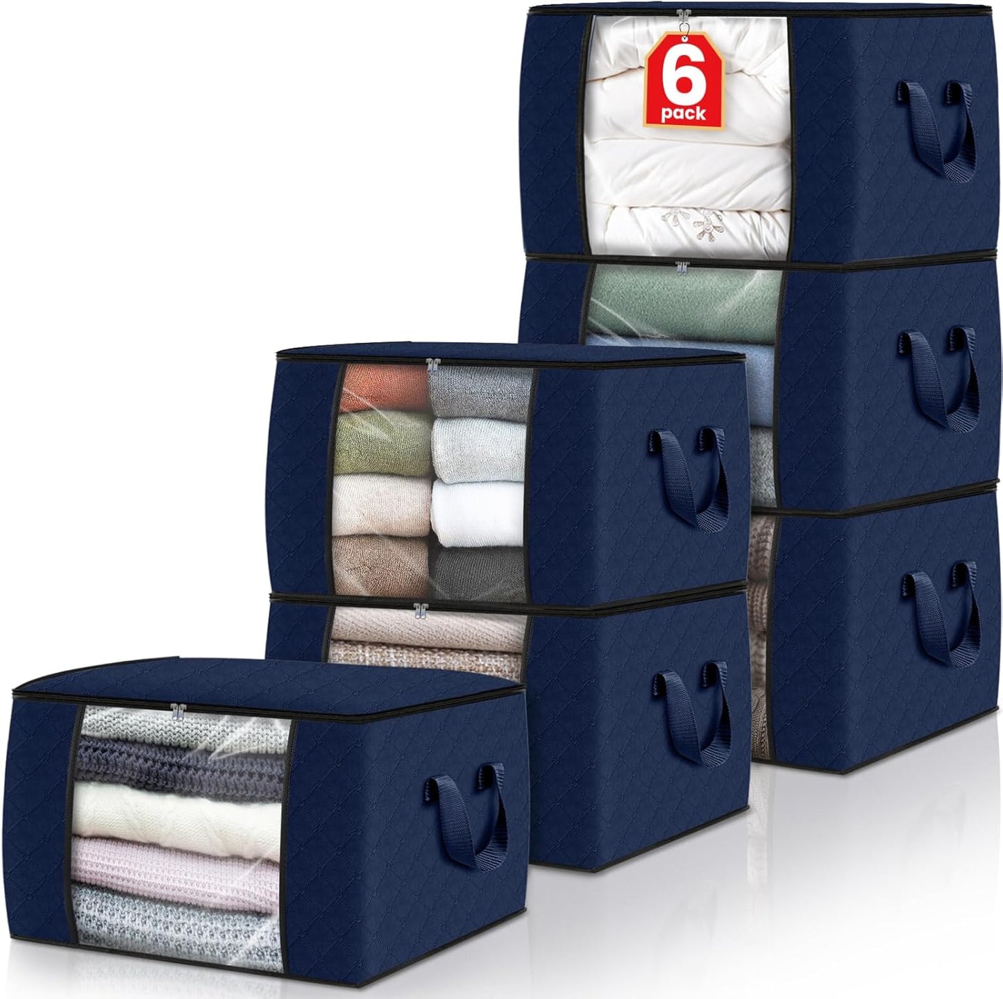 Fab totes Storage Bags,Clothes Blanket Storage Bins Foldable Closet Organizers with Reinforced Handle for Home Dorm Storage and Organization,Fabric Bags for Organizing Sheets,Clothing (Blue,6 Pack)