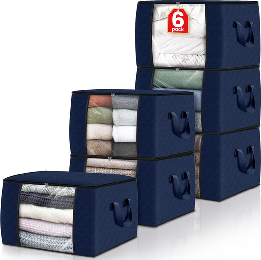 Fab totes Storage Bags,Clothes Blanket Storage Bins Foldable Closet Organizers with Reinforced Handle for Home Dorm Storage and Organization,Fabric Bags for Organizing Sheets,Clothing (Blue,6 Pack)