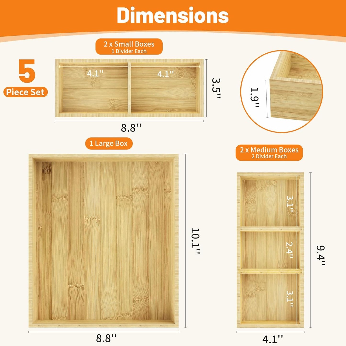 SpaceWhisper Bamboo Drawer Organizer, 5-Piece Drawer Divider with Removable Dividers for Organization and Storage, Multi-Use Stackable Storage Box & Utensil Holder for Kitchen, Office, Makeup & More
